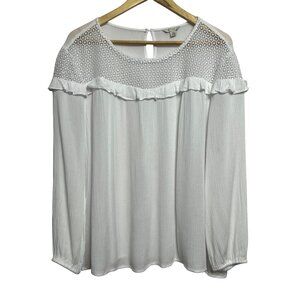 C Est 1946 White Crochet Yoke Ruffle Long Sleeve Blouse XL Minimalist Lt Weight